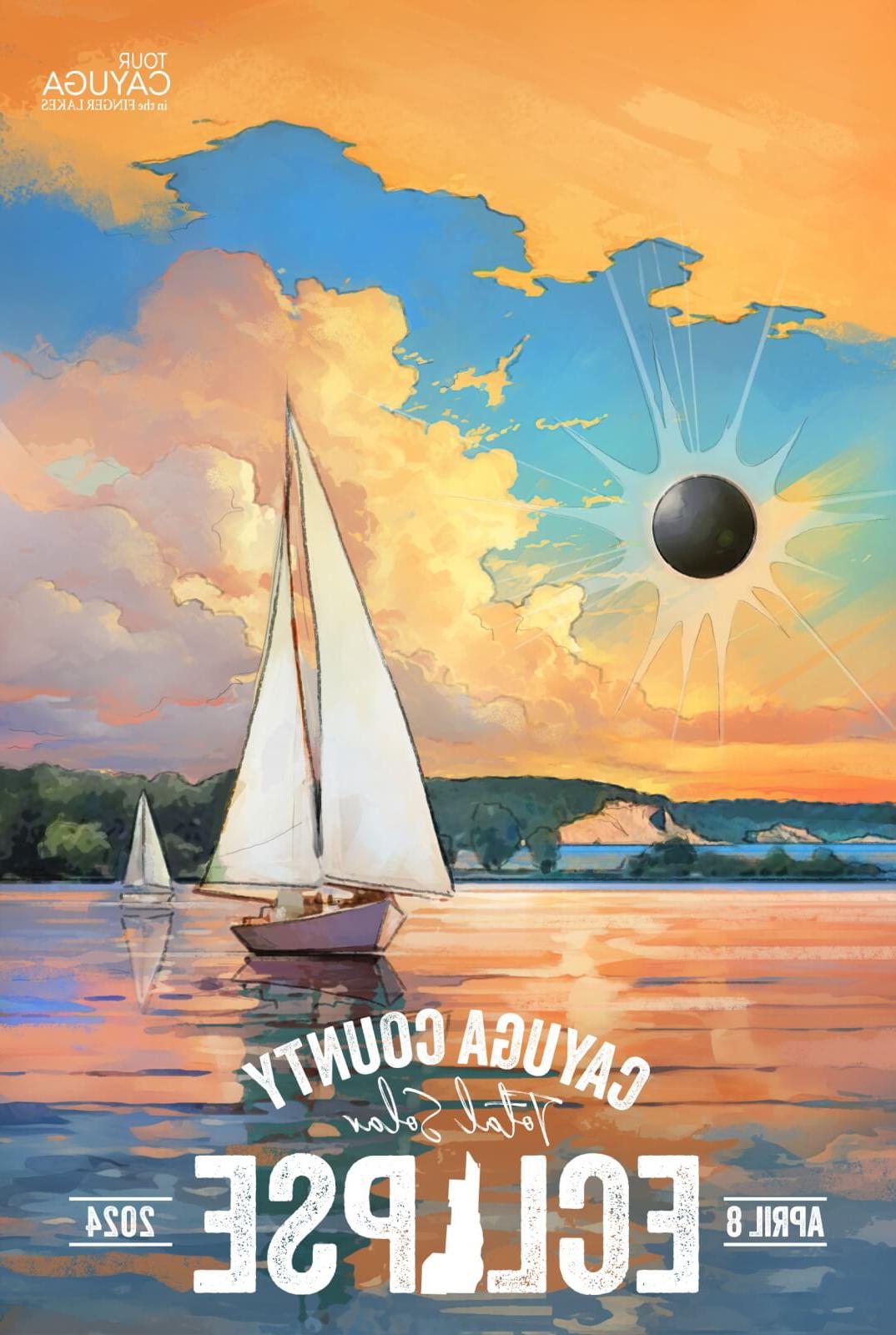 Poster of a sail boat on a lake with clouds in the sky and the sun blacked by the moon